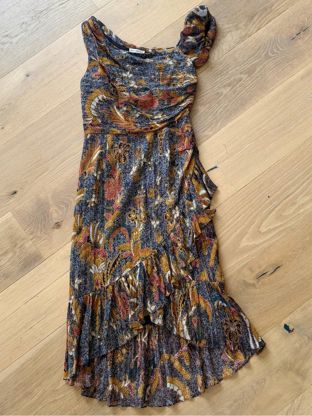 Ulla Johnson One-Shoulder Paisley Midi Dress in Brown, Rust and Gold